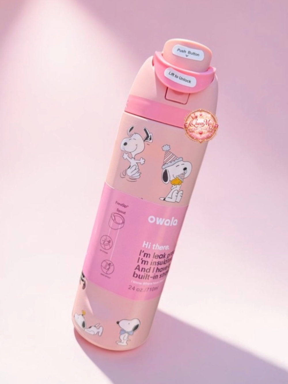 Owala 24 oz Pink Snoopy Stainless Water Bottle